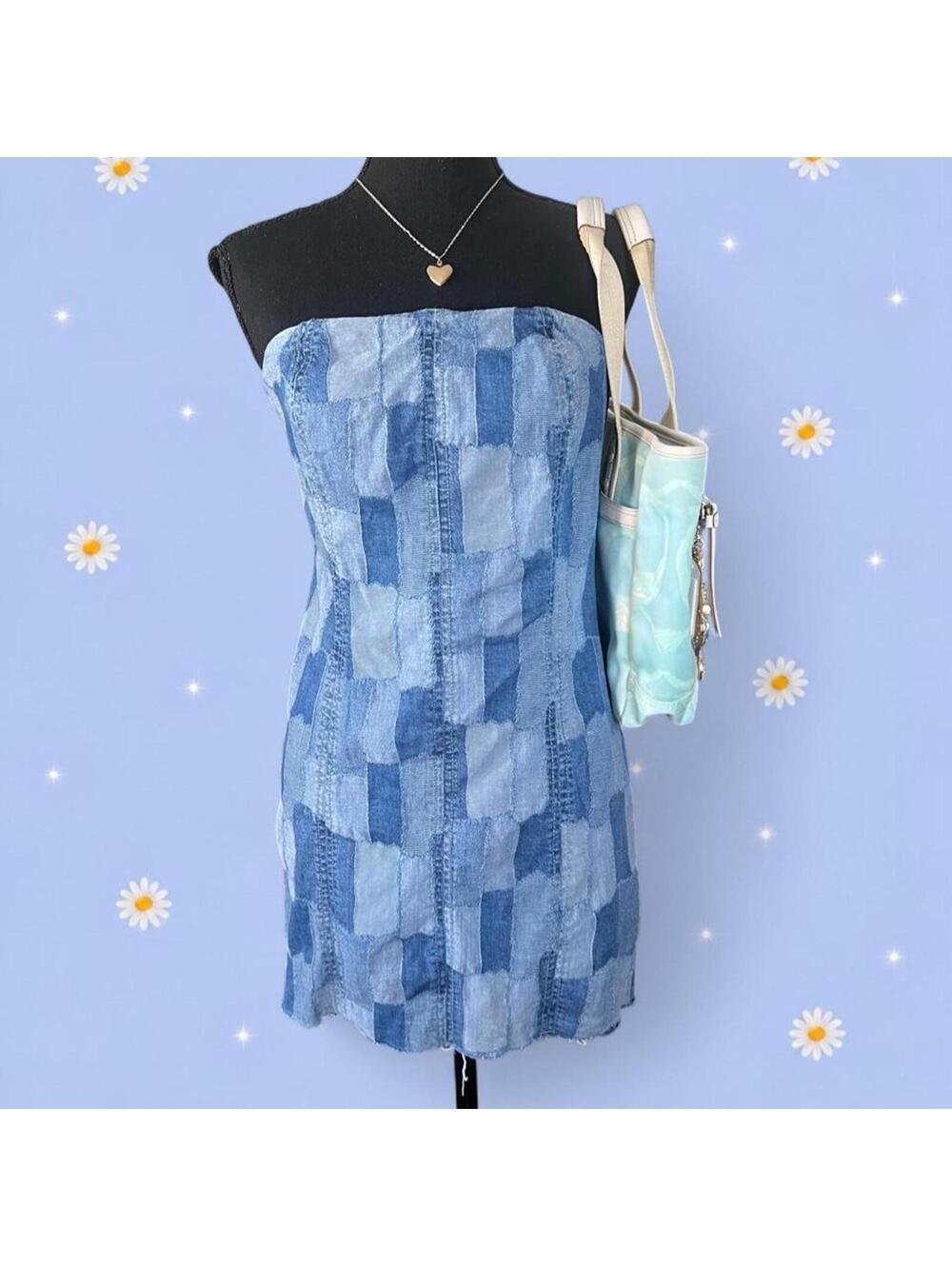 Y2K Coastal Fairycore Patchwork Denim Bodycon Mini Dress Size Medium ๐